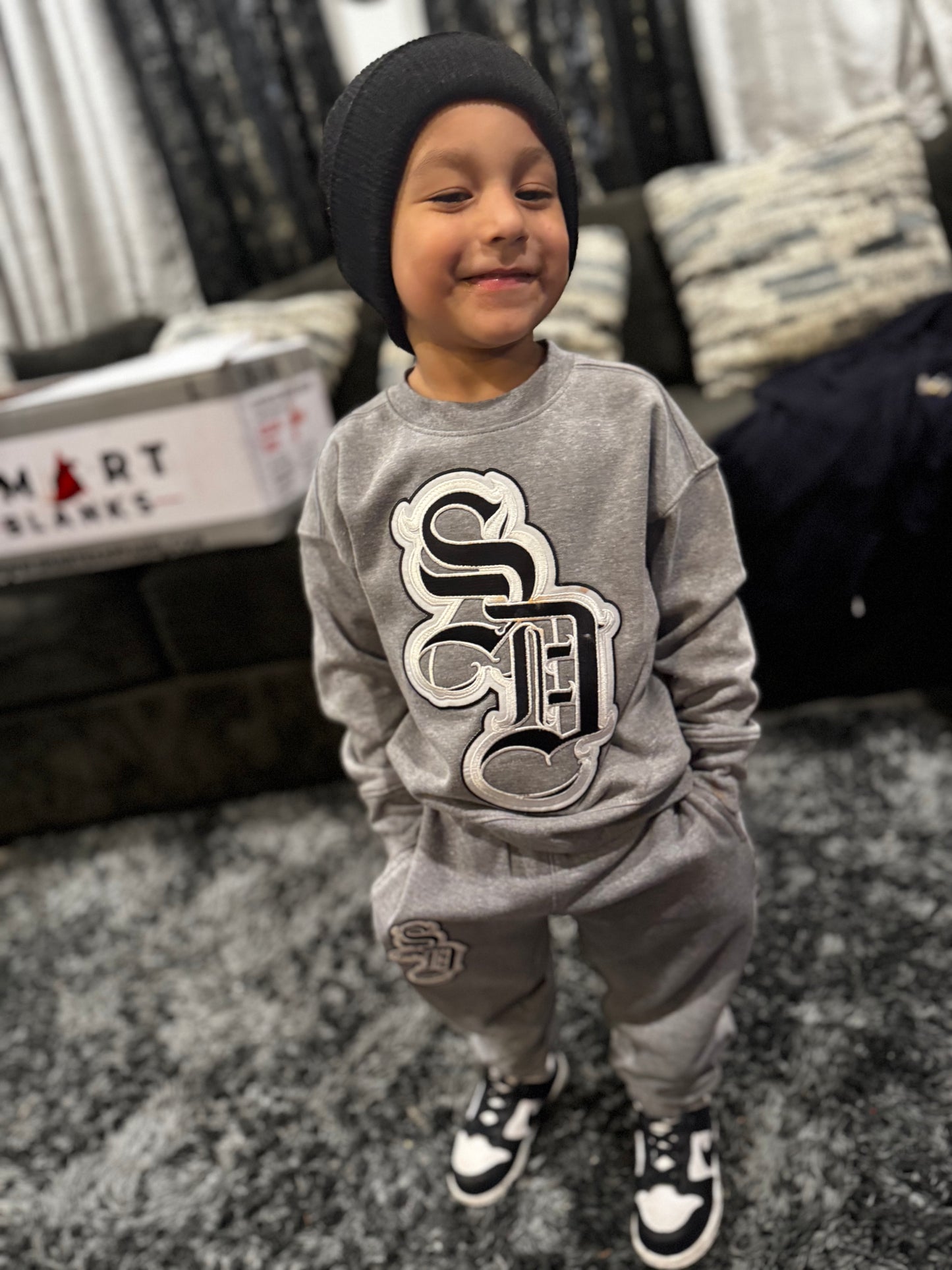 Kids Grey Stitched Crew & Sweats Set